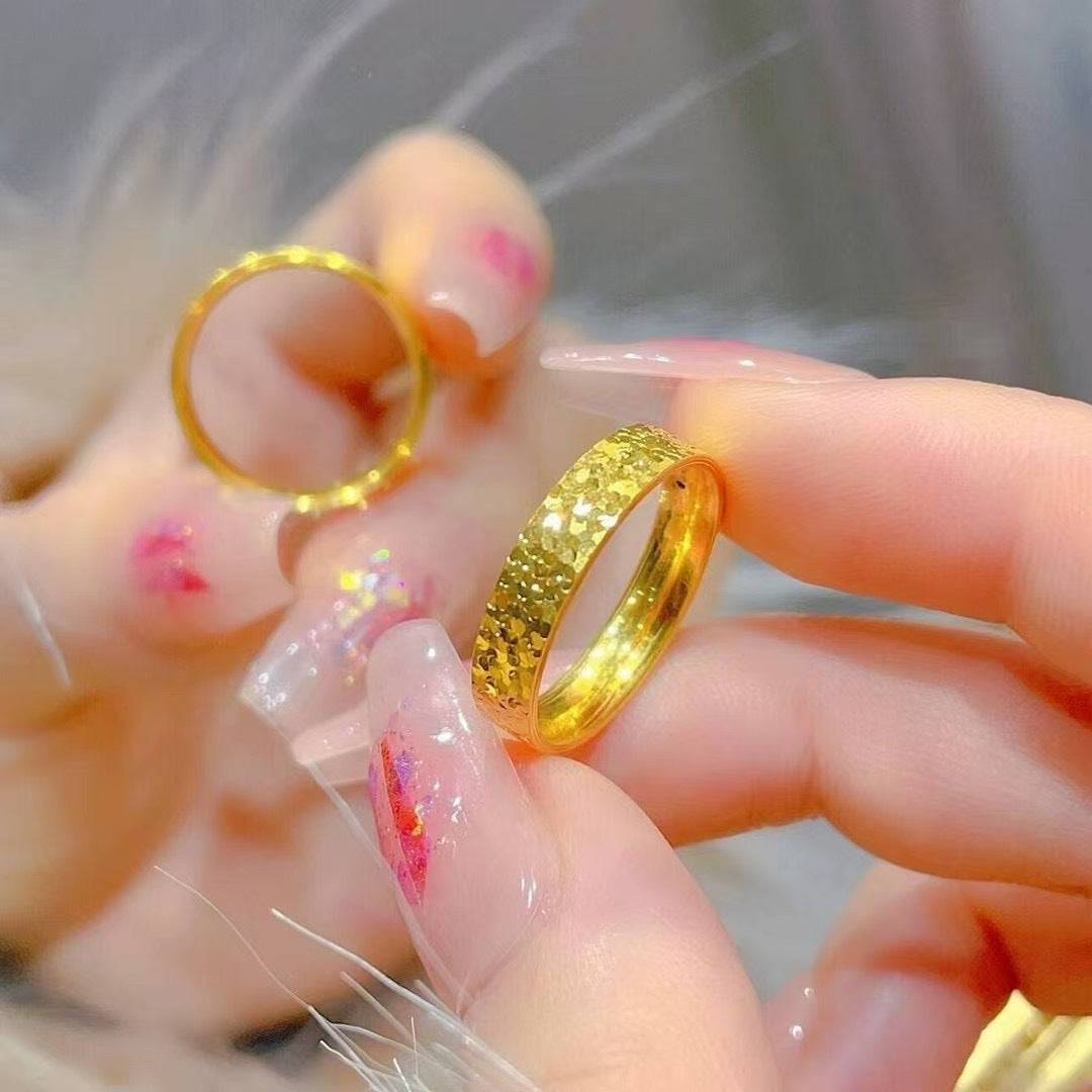 Sand Gold Crushed Ice Ice Ring Women's High-end Sense Titanium Steel Not Fading Niche Design Imitation Gold Ring Couple's Ring