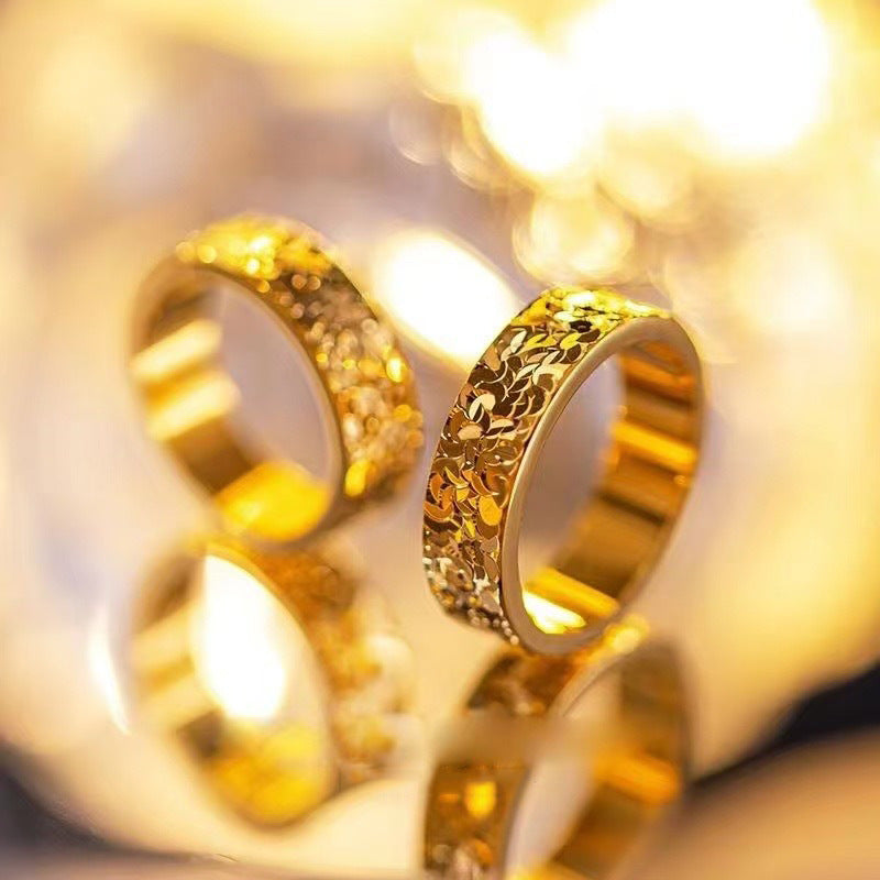 Sand Gold Crushed Ice Ice Ring Women's High-end Sense Titanium Steel Not Fading Niche Design Imitation Gold Ring Couple's Ring