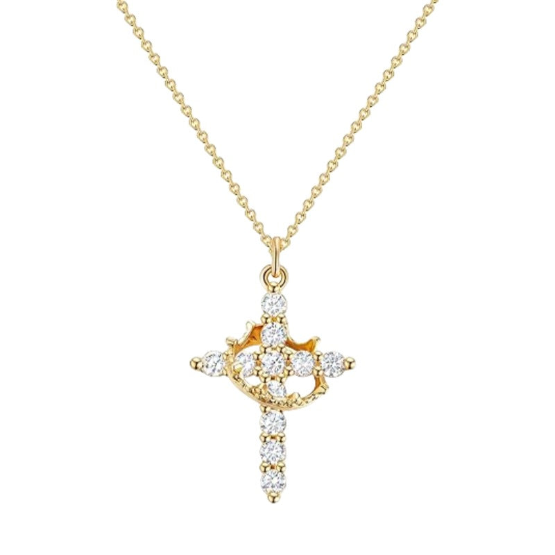Cross-border Explosions Crown Cross Necklace Ladies 14K Gold Plated Crown Necklace Simple Diamond Necklace Faith