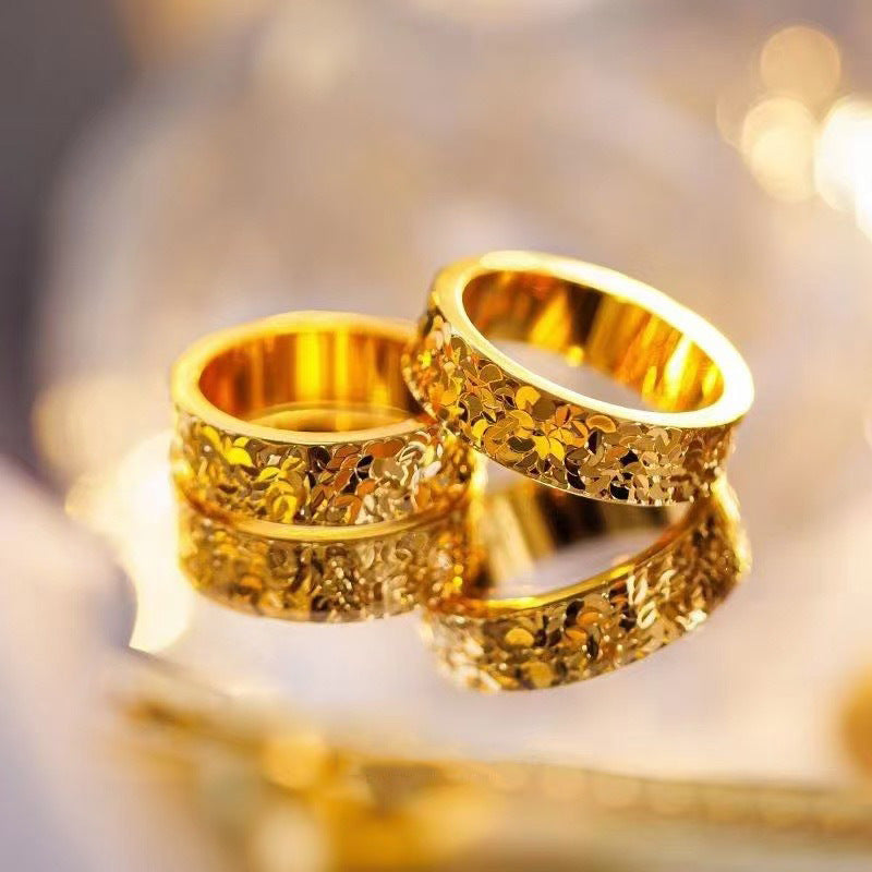 Sand Gold Crushed Ice Ice Ring Women's High-end Sense Titanium Steel Not Fading Niche Design Imitation Gold Ring Couple's Ring