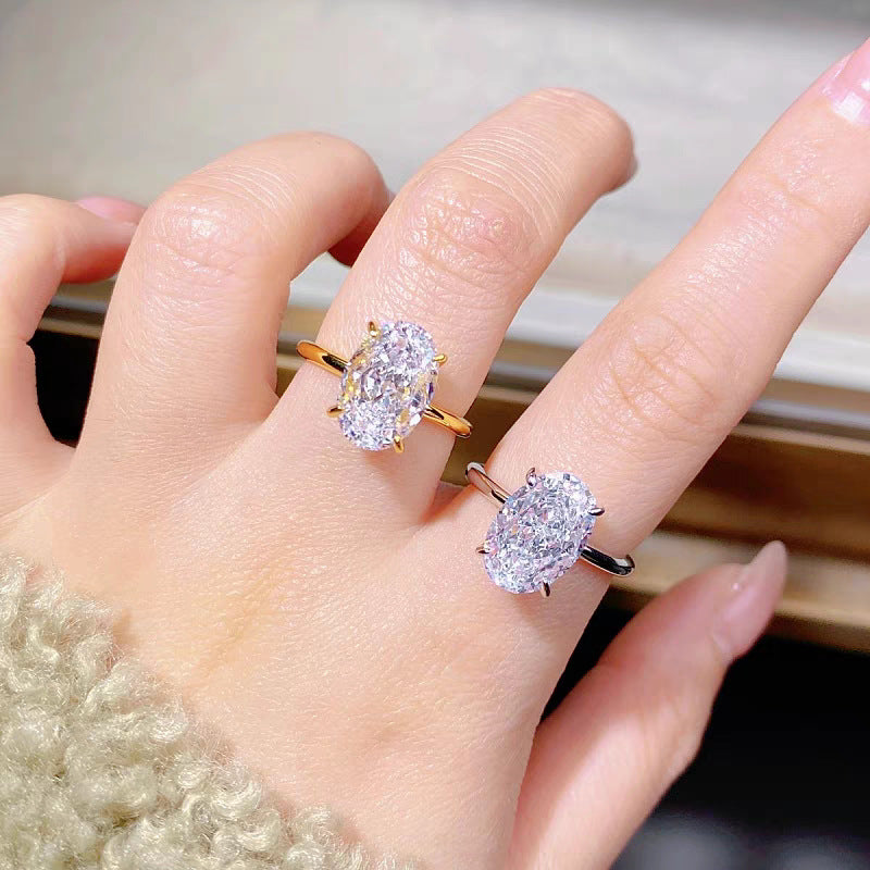 Cross-Border Hot-Selling New Model Factory Direct Batch Electroplated Real Gold Super Flash Oval Zircon Ring Women's Light Luxury High-End Ring