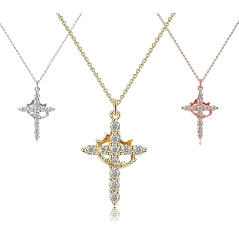 Cross-border Explosions Crown Cross Necklace Ladies 14K Gold Plated Crown Necklace Simple Diamond Necklace Faith