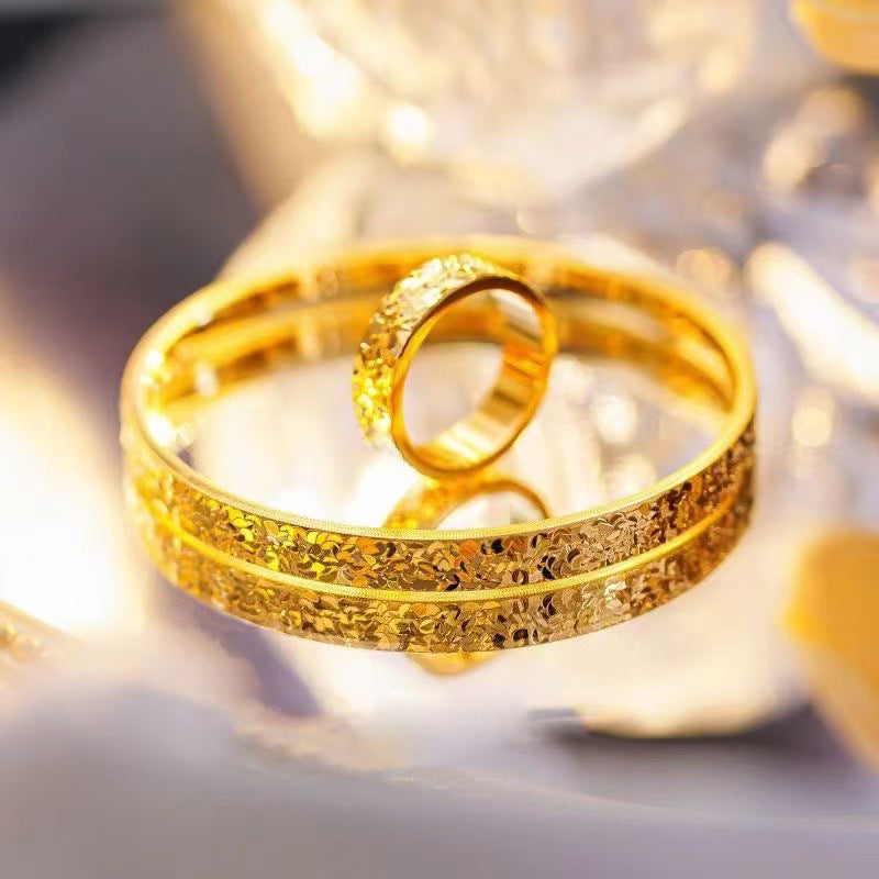 Sand Gold Crushed Ice Ice Ring Women's High-end Sense Titanium Steel Not Fading Niche Design Imitation Gold Ring Couple's Ring