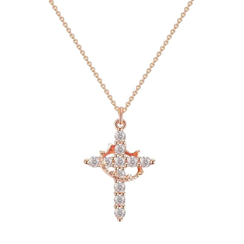 Cross-border Explosions Crown Cross Necklace Ladies 14K Gold Plated Crown Necklace Simple Diamond Necklace Faith